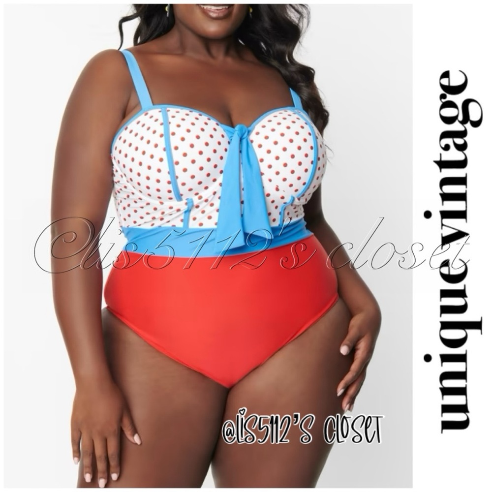 Unique Vintage Nautical Red Pin Dot & Blue Bow Clemente Swimsuit 14 XL